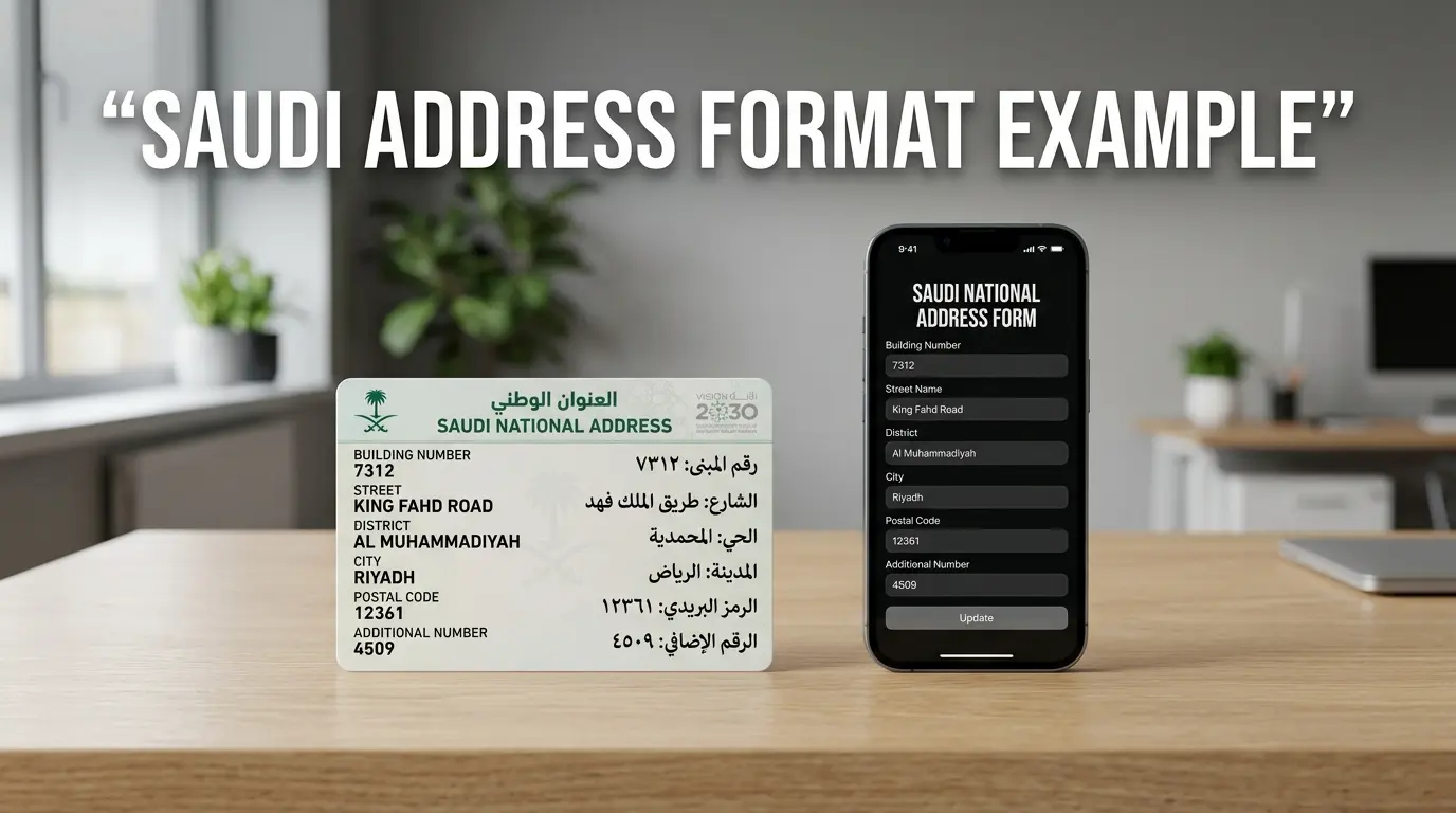 Saudi Address Format showing National Address and Short Address comparison