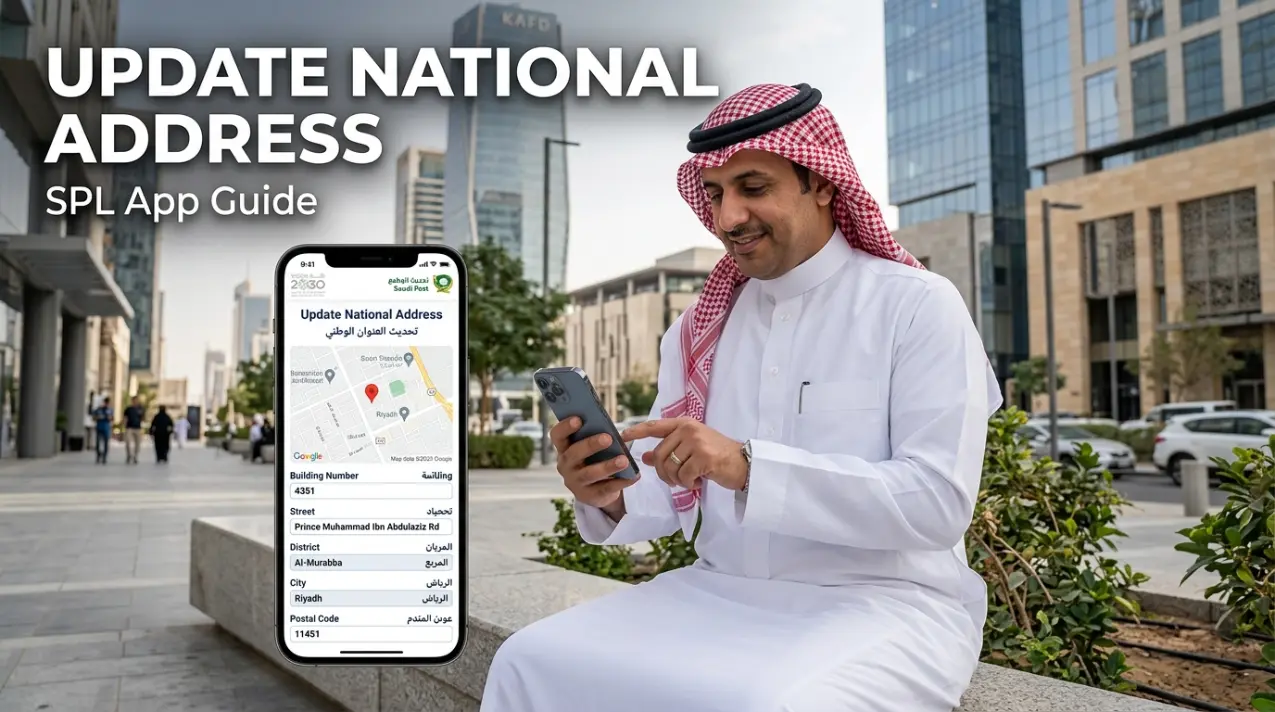 Update National Address SPL app National Address update on a smartphone in Saudi Arabia