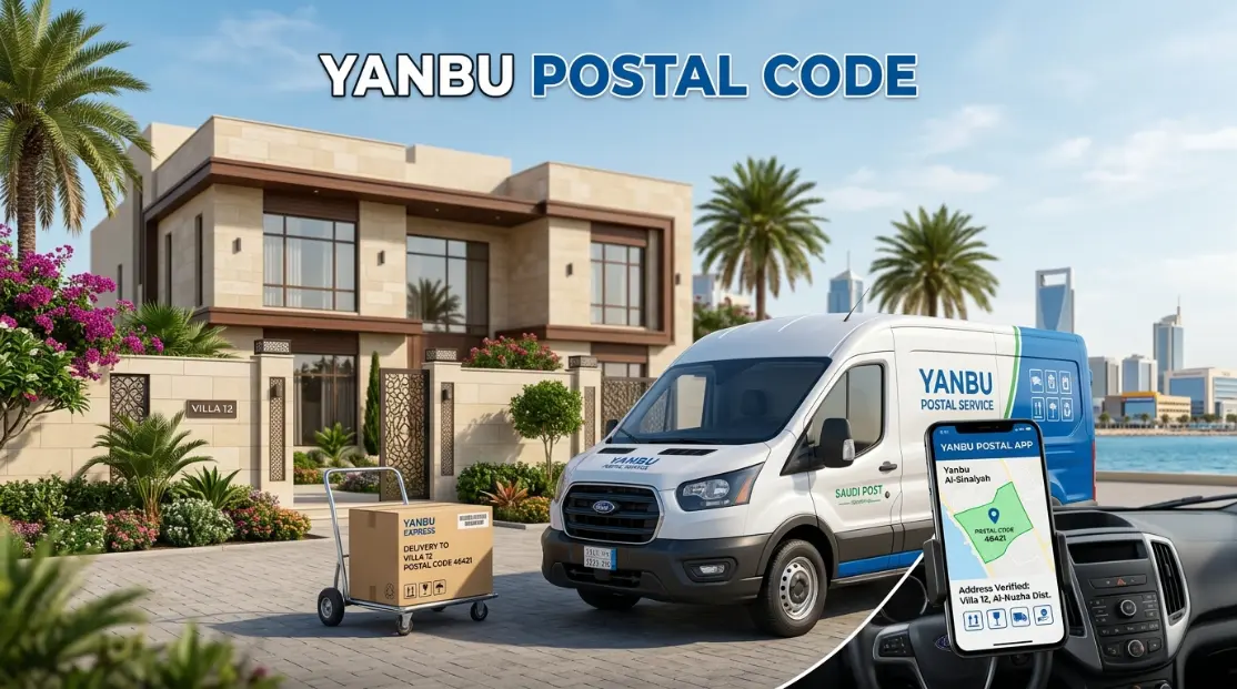 Yanbu Postal Code district map highlighting Yanbu Al Bahr, Yanbu Industrial City, and Yanbu Al Nakhal with postal code locations.