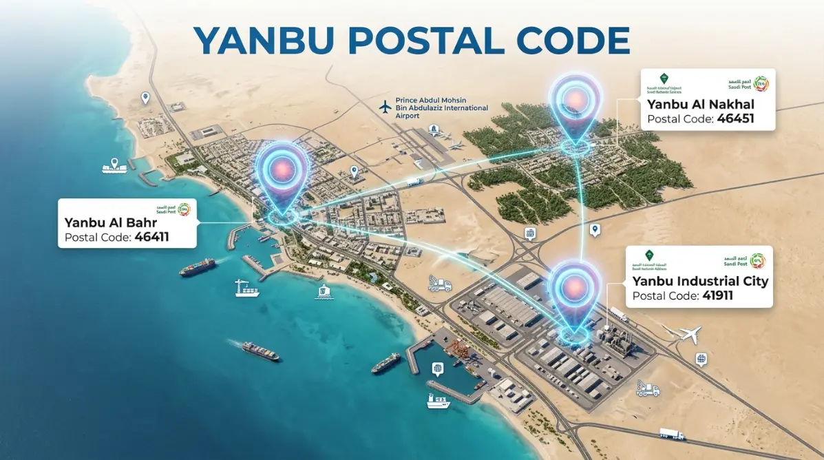 Yanbu Postal Code guide showing the Yanbu skyline, Red Sea coastline, and digital postal address map in Saudi Arabia.