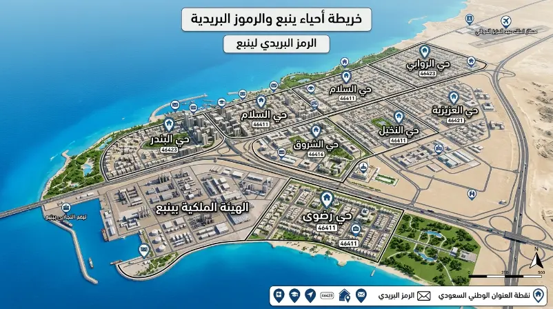 الرمز البريدي ينبع خريطة الرمز البريدي ينبع توضح أحياء ينبع البحر وينبع الصناعية والرموز البريدية لكل حي