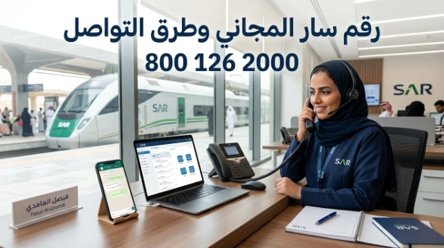 هاتف ذكي يعرض رقم سار المجاني 8001262000 أمام قطار سار