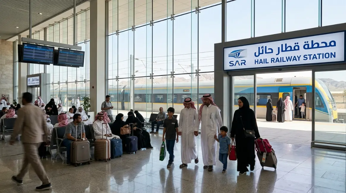 محطة قطار حائل قطار سار يصل إلى محطة قطار حائل في السعودية